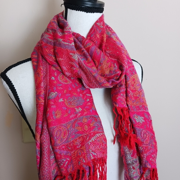 Red Paisley Bohemian Festival Fringe Scarf Shawl 27"X59" - Picture 3 of 10